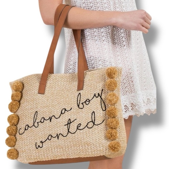 Woven Tote Bag CABANA BOY WANTED” Black Embroidered Letters Pom Pom’s 14 x 11 - Picture 5 of 6